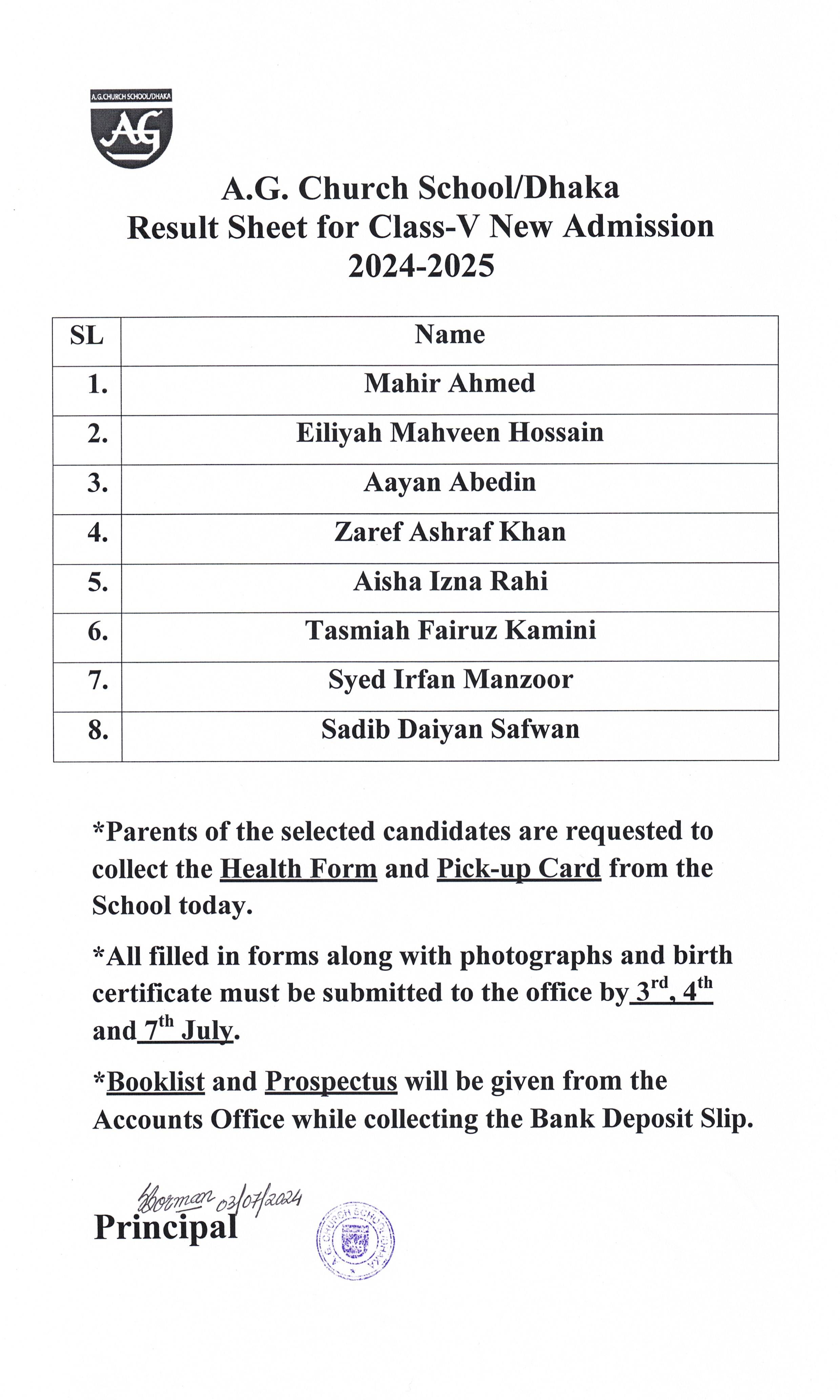 Result Sheet for Class-5 New Admission 2024-2025